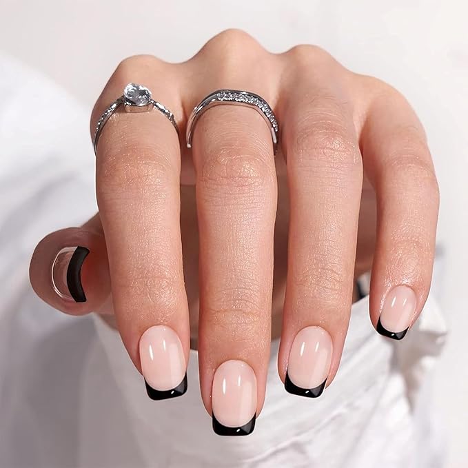 20Pcs Nude Semi Cured Gel Nail Strips Black French Tip Gel Nail Stickers Self Adhesive Polish Cover Nails Wraps UV/LED Light Needed Glossy Nails Polish Strips for Women