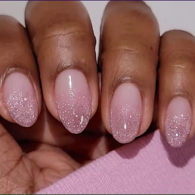 20Pcs Semi Cured Gel Nail Strips Pink Glitter Gel Nail Stickers Self Adhesive Nails Wraps UV/LED Light Needed Glossy Nails Polish Strips for Women Includes Prep Pads, File, Wooden Cuticle Stick