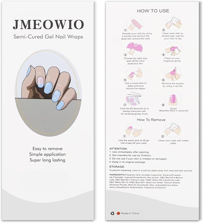 JMEOWIO Gel Nail Stickers Blue White Flower French Tip Semi Cured Gel Nail Strips Wraps UV/LED Nails Art Design Decoration Accessories