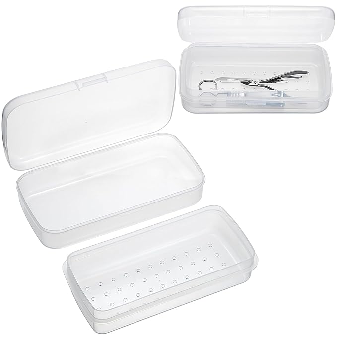 JUXYES 2 PCS Plastic Sterilizing Tray for Nail Art Accessories Tools, Portable Nail Art Tool Sterilizer Tray with Strainer, Fully Transparent Storage Box Organizer for Tweezer Manicure Tools