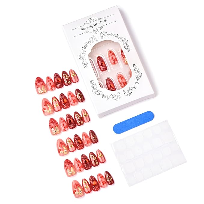 Valentines Press on Nails Medium Almond Fake Nails Heart Nails Press Ons French Tip Glue on Nail Gold Bow False Nails Glossy Full Cover Stick on Nail for Women and Girls Decoration Set 30Pcs
