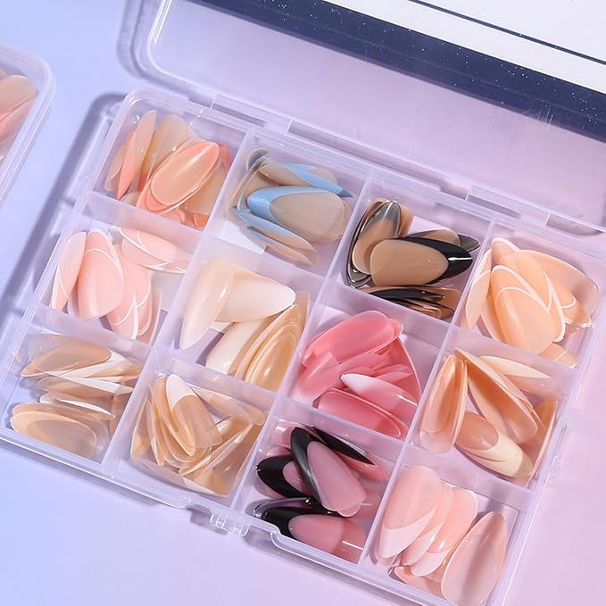French Gel Nails - Colorful French Tip Press on Nails, Almond Press on Nails, Glossy Skin Tones Medium False Nails 288pcs -12 Sizes Artificial Fake Nails Stick on Nail for Women Manicure