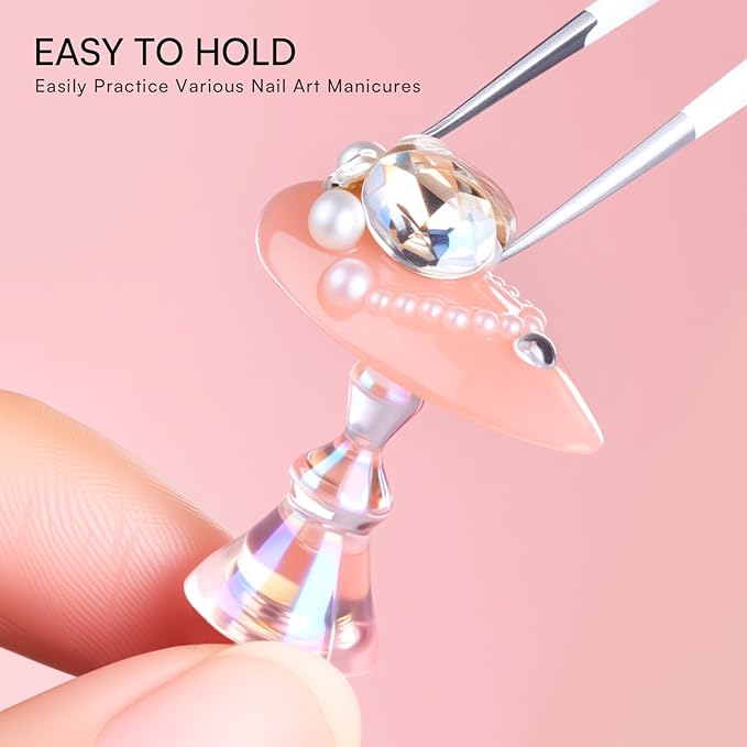 Makartt Nail Stand: Pink Nail Holder for Painting Nails DIY, Magnetic Press on Stand for Art Display Practice, Pink Glitter Flower Fake Holder for Home Salon with Reusable Adhesive Putty