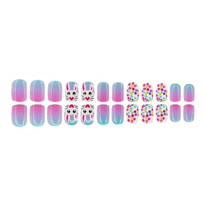 24 Pcs Easter Glitter Gradient Press on Nail Short Square Easter Big Eyed Rabbit Fake Nails Full Cover False Nails with Spring Easter Bunny Colorful Dots Designs Acrylic Nails for Women Girls Nail Art