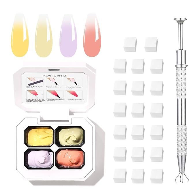 Finger Secret 4 Colors Ombre Gel Nail Polish Set Pat Painting Gradient Blooming Gel Ombre Color Palette with 20Pcs Nail Sponges for Nail Art DIY Salon or Home Use(k7)