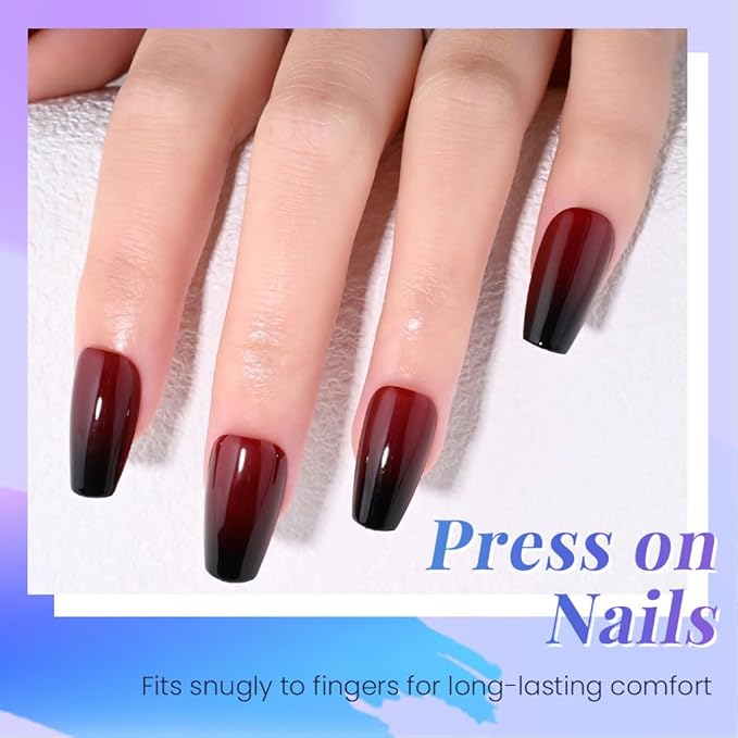 Black Dark Red Ombre Glossy Press on Nails Coffin Acrylic Fake Nails Stylish Design, Natural Reusable Nails Kit for Women DIY False Nail Art Decoration Gift, Salon Quality Reusable 15/30 Pcs