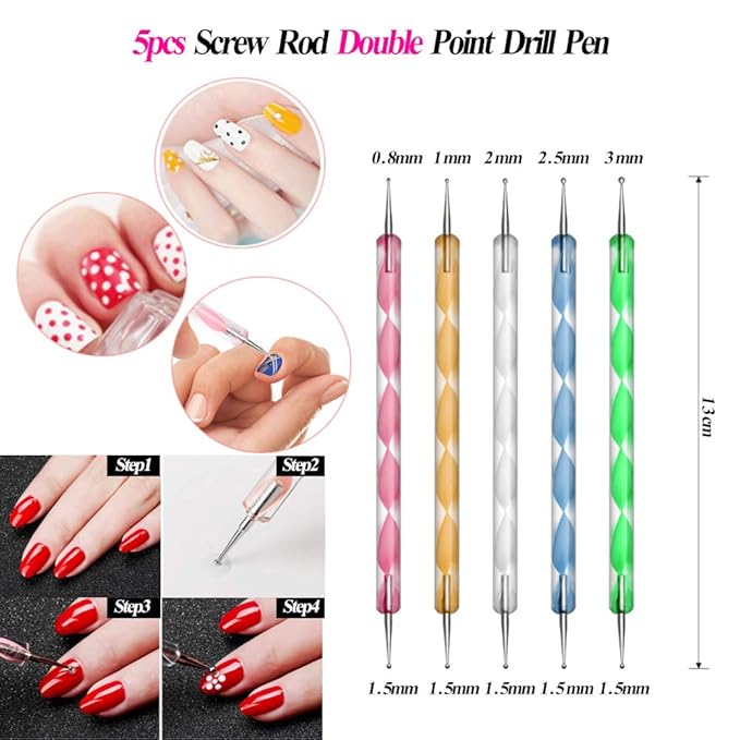 Nail Art Kit includes 30 Striping tape & 4Pcs Striping Roller Box & 12 Colors Rhinestones & 5pcs Dotting Pen & 15pcs Brush Set
