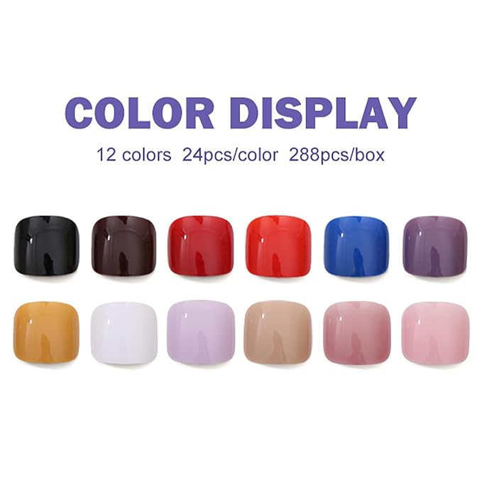 12Packs 288Pcs Press on Toenails Short Square Fake Toe Nails Solid Color Designs False Toe Nail Tips Summer Glossy Acrylic Nails Pure Nail Art Stick on Toenails for Women Girls Manicure 12 Colors