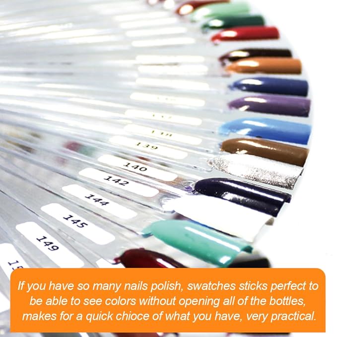 JASSINS 50 Pcs Nail Swatch Sticks with Ring and Numbered Tips - Clear Fan-shaped Display for Nail Art Polish Practice