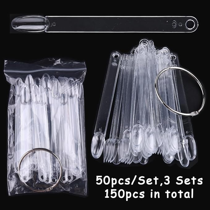 150 Pcs Clear Nail Swatch Sticks with Ring, Oval Shape Nail Swatches for Gel Polish, Transparent Acrylic Tips for Organization, Displaying Colors and Training Nails tech Supplies for Home or Salon Use