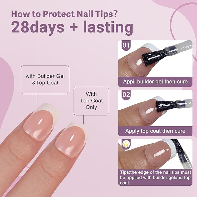 Gel French Tip Nails Medium Square Press on Nails White Tips 300Pcs Pre-applied Primer Natural Pink Fake Nails Extensions Kit for Women Girls DIY