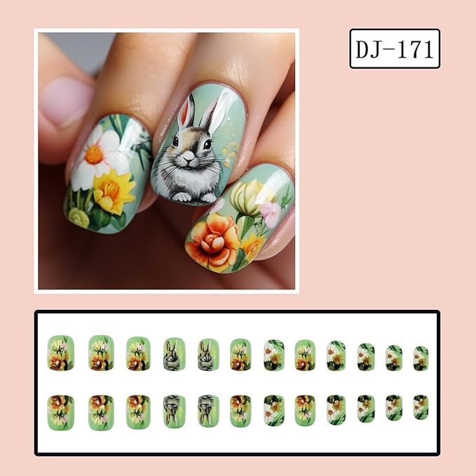24 Pcs Easter Press on Nails Short Square Shaped Fake Nails Full Cover False Nails with Easter Cute Bunny Designs Spring Flower Acrylic Nails Glossy Green Stick on Nails for Women DIY Manicure