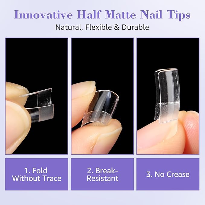 LIONVISON Short Square Nail Tips, 240pcs Half Matte Nail Tips for Acrylic Nails Professional, Half Cover No C Curve Nails Tips Nail Extension for Home DIY and Nail Salons 12 Sizes