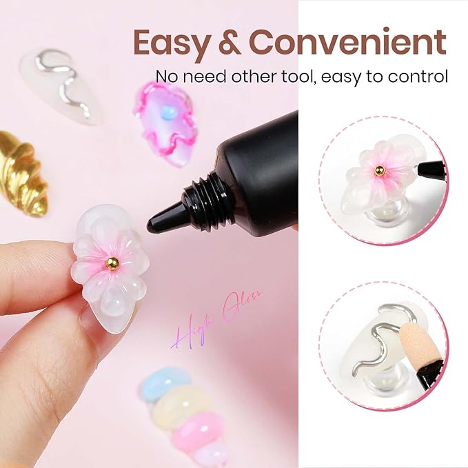 MIZHSE 3D Nail Gel and Chrome Nail Powder Kit, 15g Sculpting Gel Glue for Molding, Drawing, Charms & Gems, Chrome Powder, Rhinestone Design No Wipe Nail Polish for DIY Nail Art