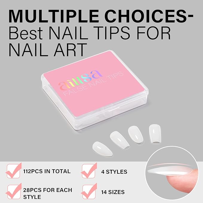 AILLSA Milky White Press on Nails Medium Almond, 112 Pcs 4 Shapes Soft Nail Tips Acrylic Fake Nails Press Ons Set, Pre-Applied Primer Long Lasting False Nail Extensions for Manicure Home DIY