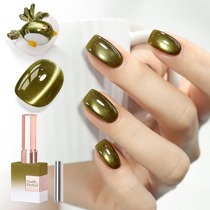 Double Rhythm 0.5 Oz Cat Eye Gel Polish with Magnet Same Color Same Bottle Holographic Glitter Shimmer Translucent Color Salon 15 ML Magnetic Nail Art (Sage Green-MC1277)