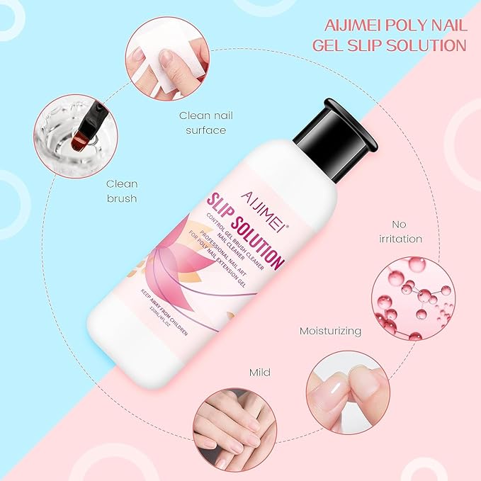 AIJIMEI Nail Slip Solution Kit for Polygel Extension Gel 120ml/4fl.oz Poly Nails Slip Solution with Dual-Ended Brush For Builder Hard Gel DIY