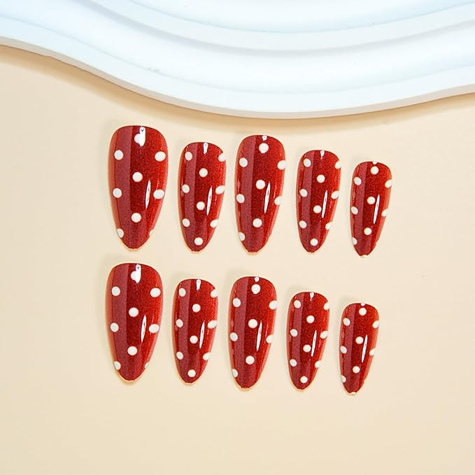 Press on Nails Medium Almond MABKJLF Fake Nails Red False Nails with White Polka Dots Designs Full Cover Glossy Glue on Nail Acrylic Nails for Women Girls 24Pcs