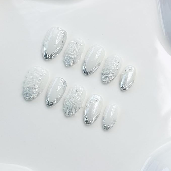 Short Almond Press on Nails Thick Handmade Nails with Glue,5D Lines Luxury Pearl False Nails Flash Designs Milky White Press ons Muti-Layer Gel Handmade Nail for Women Wedding Nail Art(Size S)