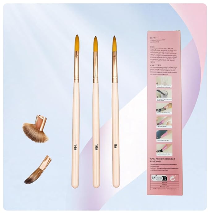 3Pcs Acrylic Nail Brush Set - Sizes (8/10/14) Acrylic Brushes for Nails Art, Acrylics Powder Nails Art Extension Brushes with Pink Sturdy Handle Manicure Tools Extension Carving for Home Salon ﻿