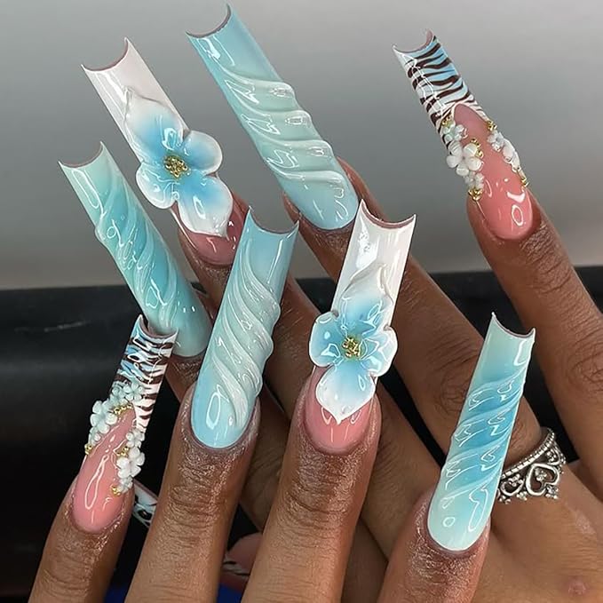 Long Square Press on Nails,Handmade Acrylic Press on Nails with Designs，Long Press on Nail for Women 24pcs