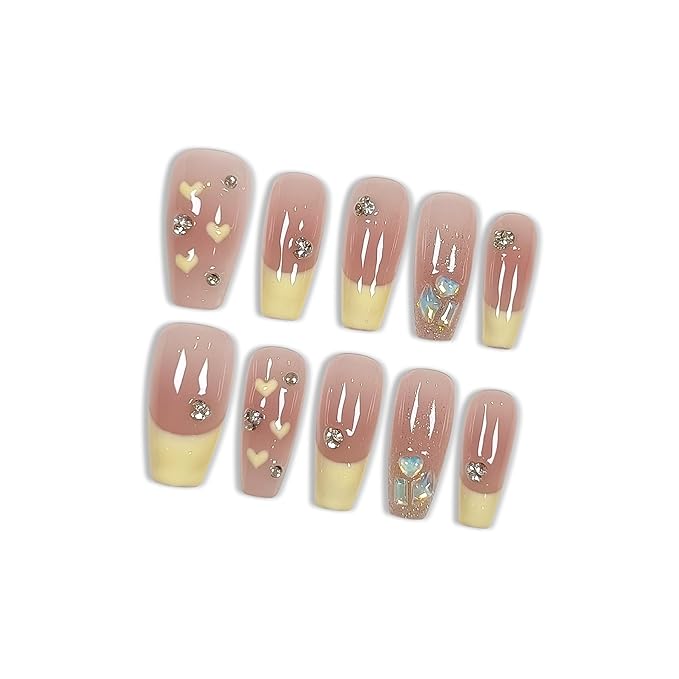 Ballet Press On Nails Medium Coffin 10PCS with Tools Kit,Handmade French Blush Pink Nails with Milky Tip, Heart Design & Glitter Gradient Fake Nails,Cute Korean Style False Nails(Size XS)