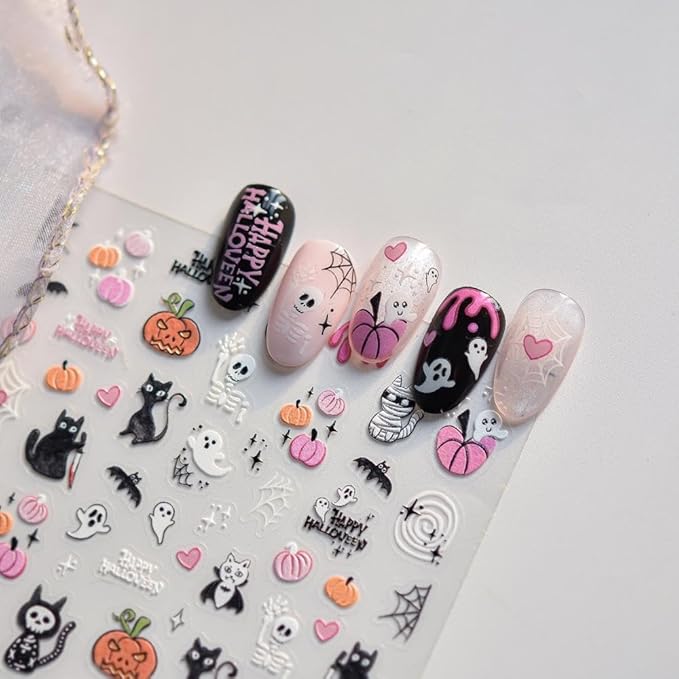 Halloween Nail Stickers 5D Embossed Ghost Nail Supplies 3D Self-Adhesive Pumpkin Nail Decals Cat Nails Designs Spider Web Skeleton Nails Decoration Accessories for Women Girls DIY Manicure 1 Sheet