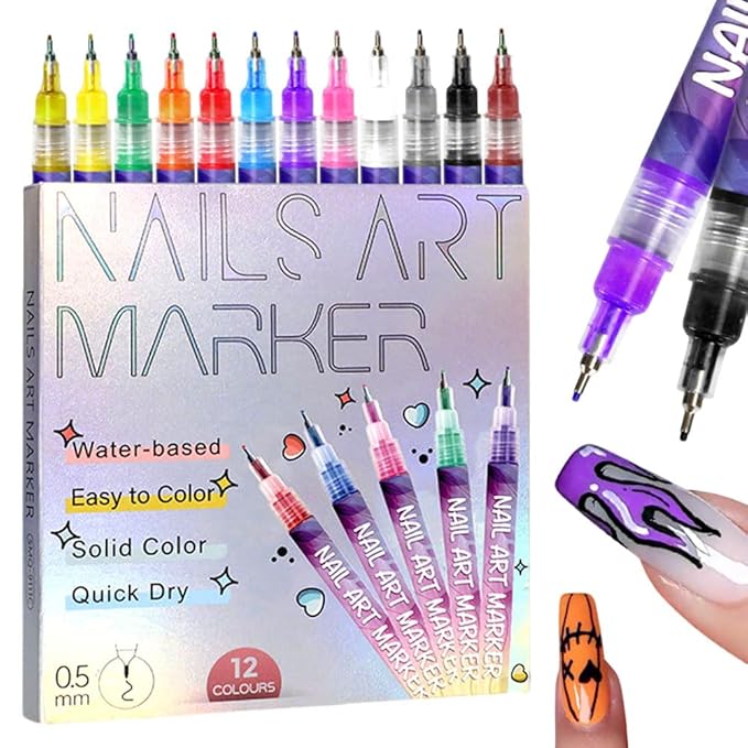 12 Colors Nail Art Pens Set, 2026 New Nail Art Markers for Gel Nails, 3D Nail Polish Pens Quick Drying Dotting Point Liner Pens for DIY Nail Art (1 Set)