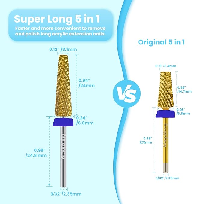 24mm Super Long 5-in-1 Tapered Barrel Nail Drill Bit, 3/32'' Tungsten Carbide E-File Bit for Fast Gel Removal & Long Nail Shaping, Two-Way Rotation Safety Bit for Acrylic Extensions, Medium