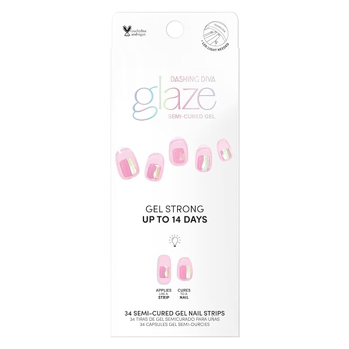 Dashing Diva Glaze Nail Strips - Pink Dew | Works with Any LED Nail Lamp | Long Lasting, Chip Resistant, Semicured Gel Nail Strips | Contains 34 Salon Quality Nail Wraps, 1 Prep Pad, 1 Nail File