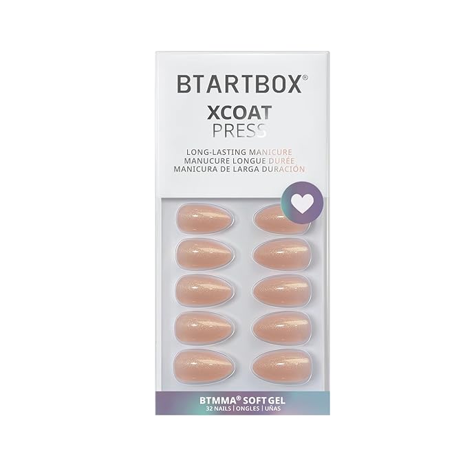 BTArtbox Press On Nails Short - Lamp-Curable Sparkly Almond Press On Nails with Glue for Women, Semi-Transparent Soft Gel Glue On Nails in 16 Sizes - 32 Stick On Nails Kit, Glow Mates