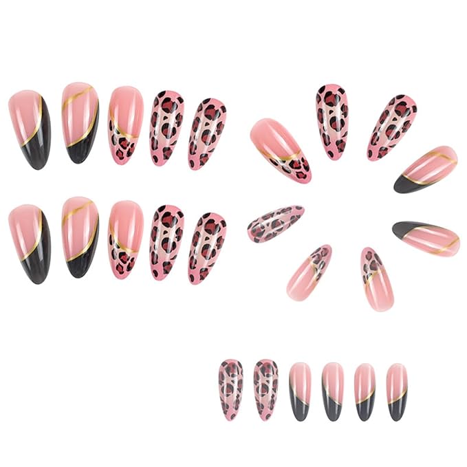 Alomnd Press on Nails - Leopard Print Fake Nails - Medium False Nail Press ons - French Tip Acrylic Glue on Nail - Artificial Nail Stick on Nails for Women Manicure 24Pcs