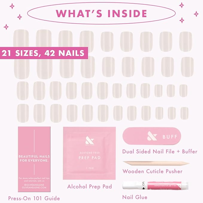 Olive & June Maximalist Instant Mani Press-On Nails (Glue) | 42 Fake Nails, 21 Sizes | Non-Toxic, Long-Lasting Big, Bold Gorgeous Realistic Look | Extra Short, Squoval | Marshmallow Velvet