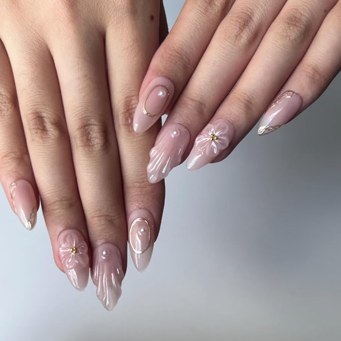 10 Pcs Medium Length Handamde Almond Press On Nails Reusable ABS Acrylic False Nails Set for Women (Size S)