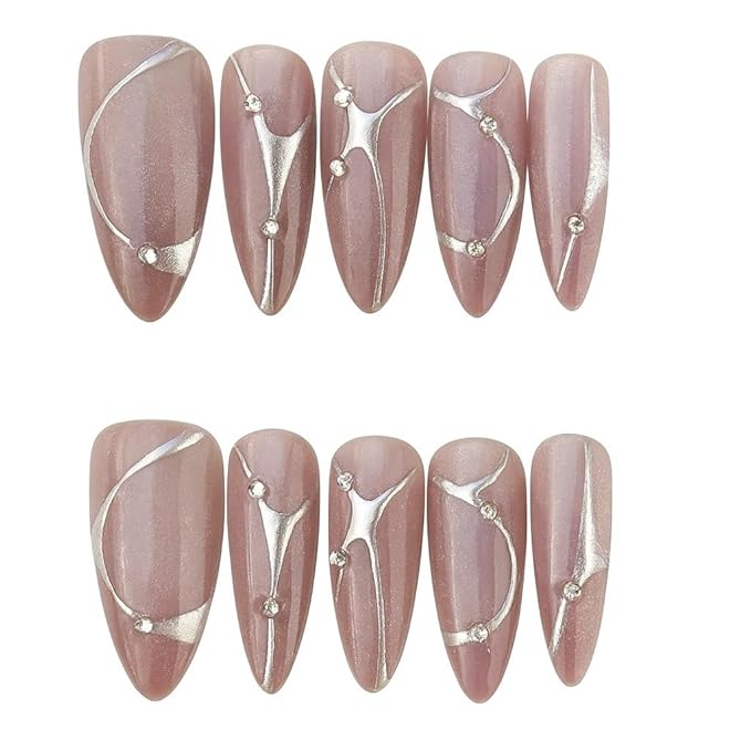 10pcsHandmade Press On Nails Nail Gift Kit Set with Tools Reusable Fake Nail in Soft Nude Pink with Silver Line Art and Rhinestone Detail Almond Shape for Women(S)