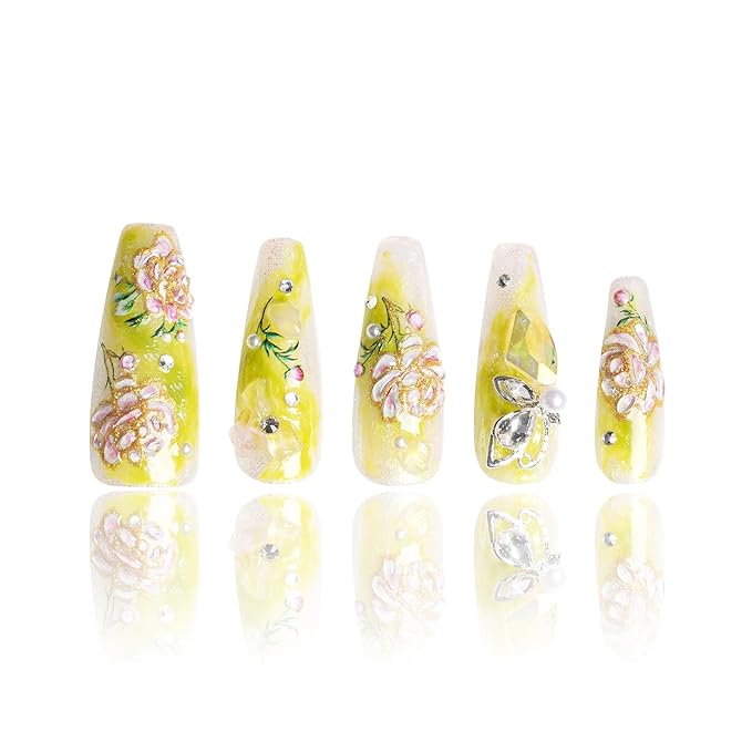 LOVFUL Press on Nails Seraphina's Garden | Handmade with Full Covered Crystals | Reusable Full Cover Nails | Coffin Classic Regular 1.3 in | H460-S