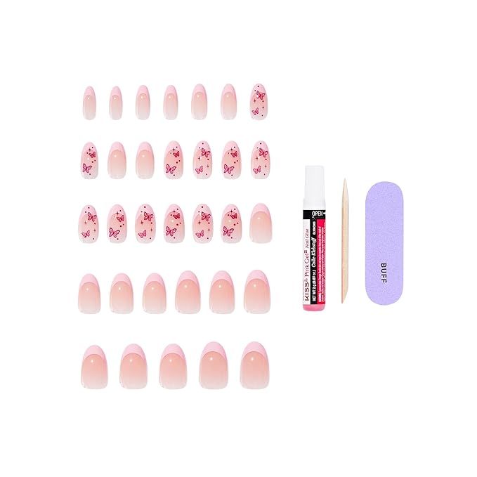 KISS CORE, Press On Nails, Nail glue included, 'Signature', Pink, Medium Size, Almond Shape, Includes 32 Nails, 2g Glue, 1 Manicure Stick, 1 Mini File