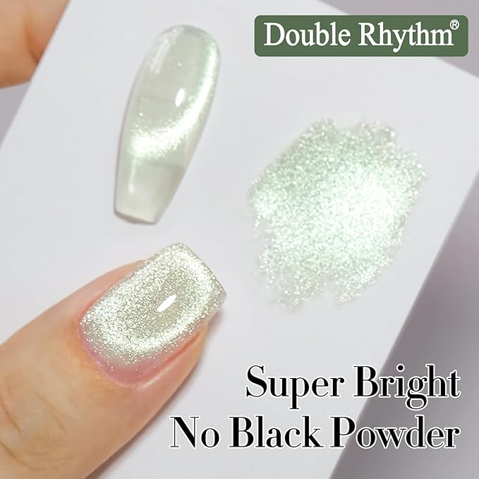 Double Rhythm 15ML Cat Eye Gel Polish with Magnet Holographic Glitter Shimmer Translucent Sheer Color Salon Ice Glass Magnetic Gel at Home (Green-MC1141)