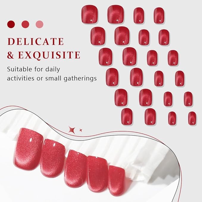 evpct Red Cat Eye Extra Short Press on Nails Square, Petite Short Square Stick on Nails for Women Gift, Real Red Metallic Glitter Glossy Reusable Soft Gel Press on Acrylic Fake Nail with Designs