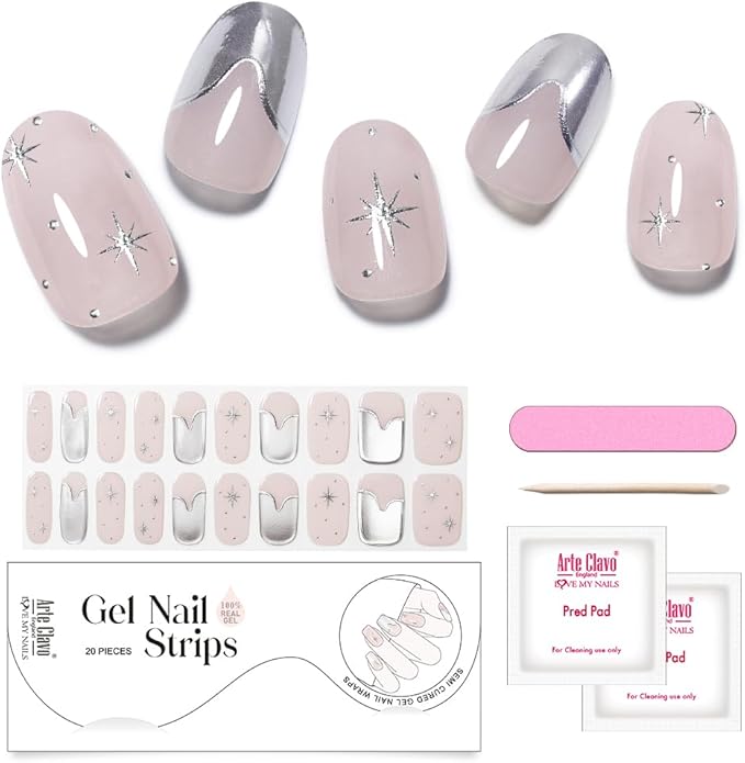 Arte Clavo Semi Cured Gel Nail Strips, Mirror French, Silver Star, 20PCS Gel Nail Stickers, Wraps, UV Light Required, Salon Quality, Easy Application and Removal