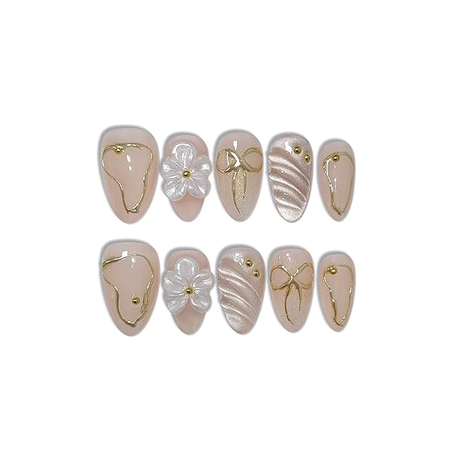 10Pcs Short Almond Oval Press On Nails With Tools,Nude Pink Fake Nails with 3D Flowers & Cat Eye Designs,Glitter Gold Edge Glue on Nails, Glossy Handmade Acrylic False Nails for Daily Party(L)