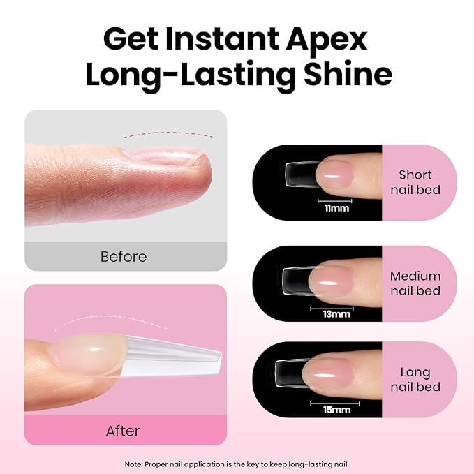 Beetles Tipex Lite Apex Nail Tips Kit, Coffin Long, 192pcs 16 Sizes,with UV Nail Glue, Base & Top Coat, Mini Nail Lamp, Nail Clipper & Cuticle Nipper,Pre-Building Pre-Etched Acrylic Tips Kit