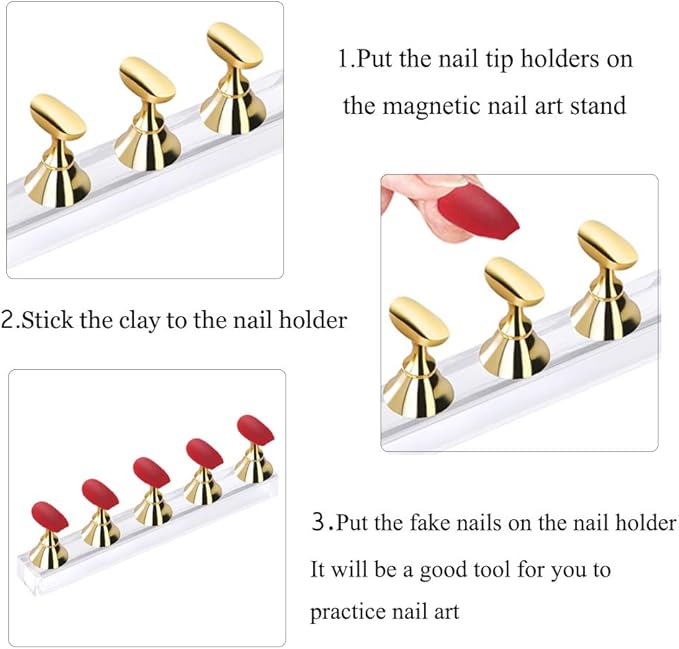 Etercycle Acrylic Nail Display Stand DIY Nail Crystal Holder Magnetic Practice Stands with Reusable Adhesive Putty Clay for False Nail Tip Manicure Tool (2 Gold)