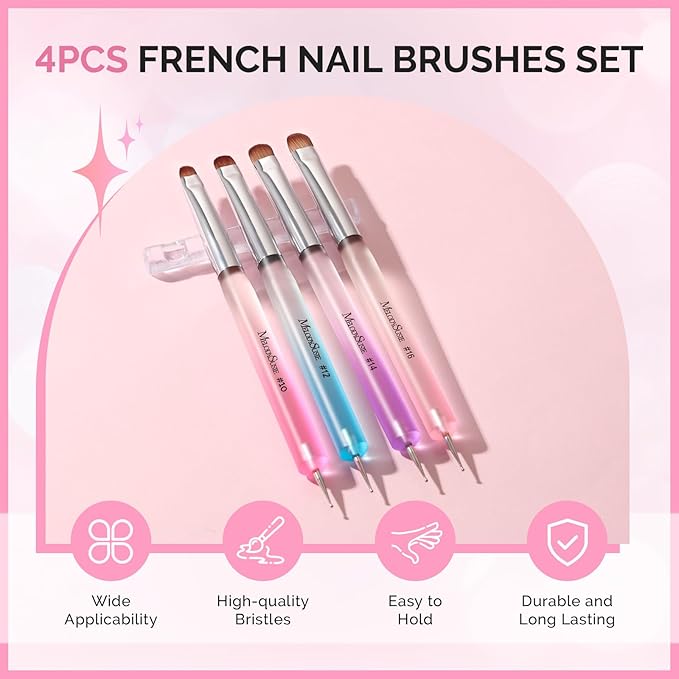 MelodySusie 4Pcs Dual-Ended French Nail Brush and Dotting Pen Set, Size #10#12#14#16 with Brush Holder, for French Tips Nail Clean Up and Nail Dotting