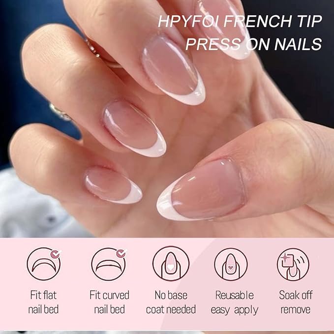 216 Pcs French Tip Press on Nails Meidum Almond Fake Nails 9 Color French Tips Glossy Acrylic Glue On Nails Full Cover Soft Gel False Nail Tips Kit for Women DIY Nail Art Manicure 12 Size
