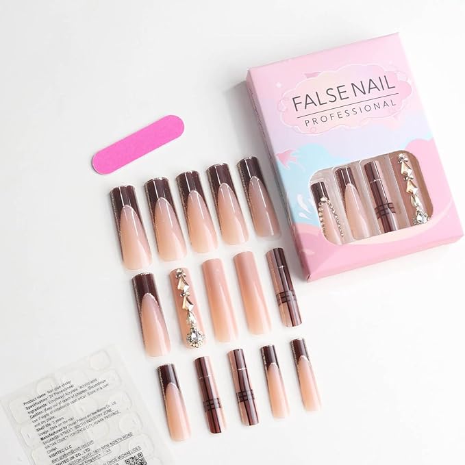Long Press on Nails Square Xl Fake Nails French Tip Glue on Nail with Designs False Nails Rhinestones Acrylic Long Square Nails Press Ons Stick on Nail for Women 24Pcs