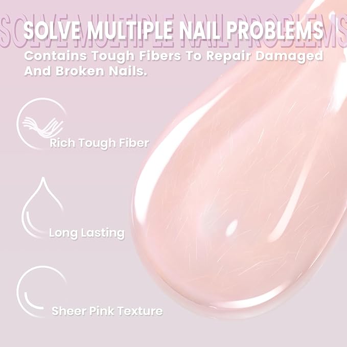 RARJSM Nude Bubble Pink Fiber Glass Rubber Base Gel Nail Polish for Repair Broken Nails StrengthenerGel Base Coat Transparent Brush on Building Gel in a Bottle Soak Off UV LED Curing Requires 15ml