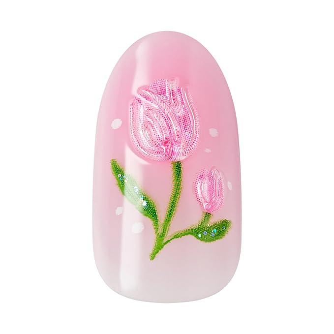 WICKED X KISS Press On Nails, ‘Bloom in Land’, Pink, Medium Oval, Waterproof, Chip Proof, Smudge Proof, 28 Fake Nails, Pink Gel Nail Glue (2g), Mini Nail File, & Manicure Stick