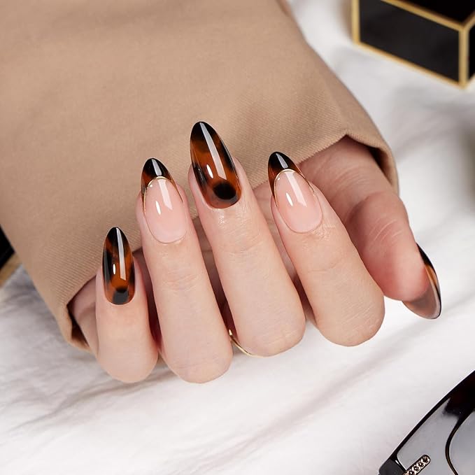 VSALON Press on Nails Medium Almond - Tortoise Shell French Tip Glue On Nails Kit for Women, Opaque Salon Quality Fake Nails - 32 PCS Stick on Nails in 16 Sizes with Glue & Cuticle Oil