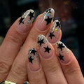 Press on Nails Almond - Medium Fake Nails with Black Star Design - Glitter Glossy Full Cover Stick on Nails for Women 24 Pcs